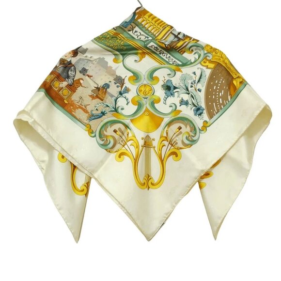 Auth HERMES Carre 90 - White Yellow Multi Scarf - Picture 2 of 9